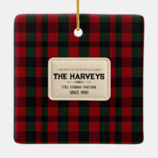 Funny Family Buffalo Plaid Faux Leather Patch Ceramic Ornament