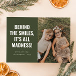 Funny Family Christmas Cards | Minimal Olive Green<br><div class="desc">Bring smiles and laughter to your loved ones with this humourous and minimalist holiday card. Featuring an adorable photo of your family paired with a witty caption, this modern design adds a touch of holiday cheer with a charming olive-green backdrop. Perfect for those who love to share the real, unfiltered...</div>