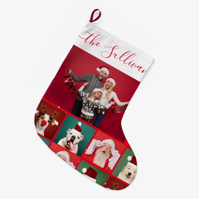 Funny Family Photo Collage Name Red Christmas Large Christmas Stocking (Front (Hanging))