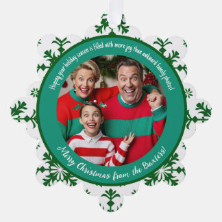 Funny Family Photo with Joy & Green Pattern Tree Decoration Card