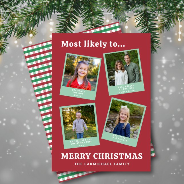 Funny Family Photos Red Green Check Modern Holiday Card (Swap in your pics and write your own funny captions!)