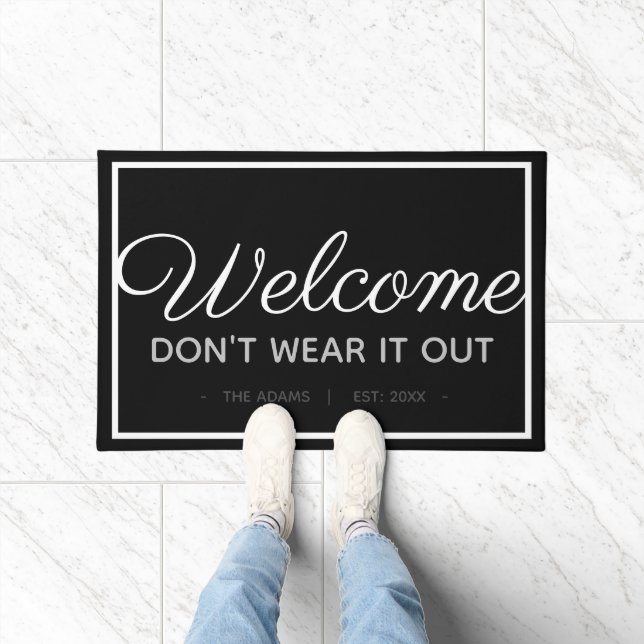 Funny Family Welcome | Modern Black White Style Doormat (Indoor)