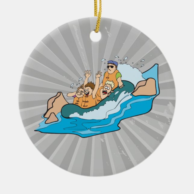 funny family whitewater rafting cartoon ceramic tree decoration (Front)