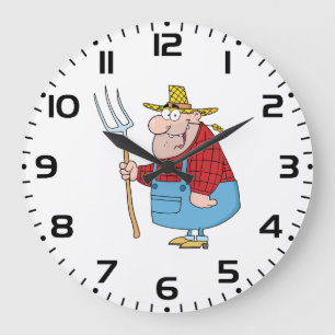 Funny Farmer Pitchfork Overalls and Straw Hat Large Clock