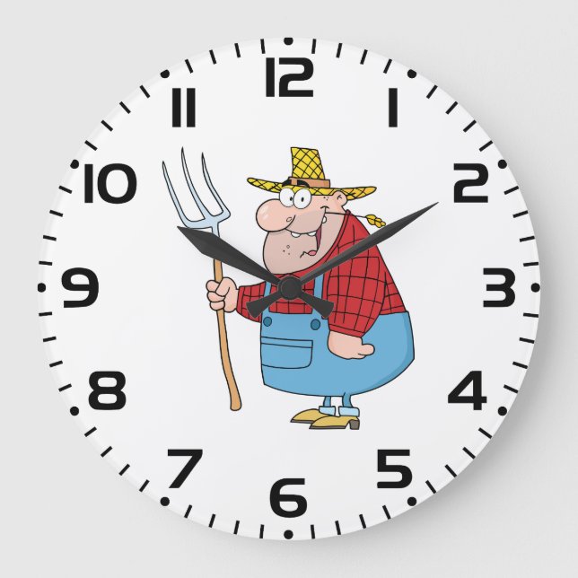Funny Farmer Pitchfork Overalls and Straw Hat Large Clock (Front)