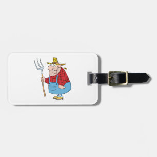 Funny Farmer Pitchfork Overalls and Straw Hat Luggage Tag