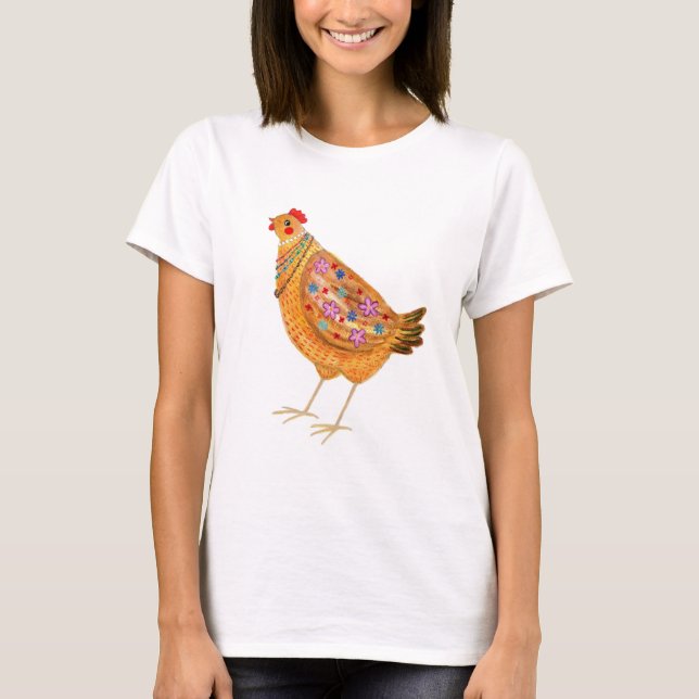 Funny Fashionable Floral Chicken with Jewelry T-Shirt (Front)