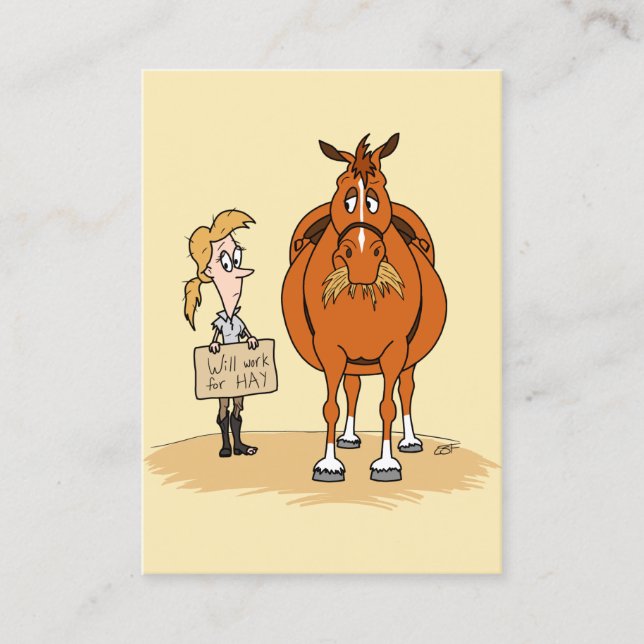 Funny Fat Cartoon Horse Woman Will Work For Hay Business Card (Front)