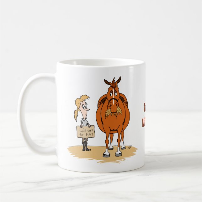 Funny Fat Cartoon Horse Woman Will Work For Hay Coffee Mug (Left)