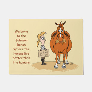 Funny Fat Cartoon Horse Woman Will Work For Hay Doormat