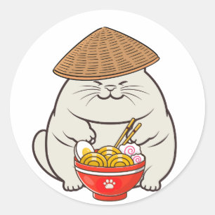 Funny fat cat is eating noodles classic round sticker
