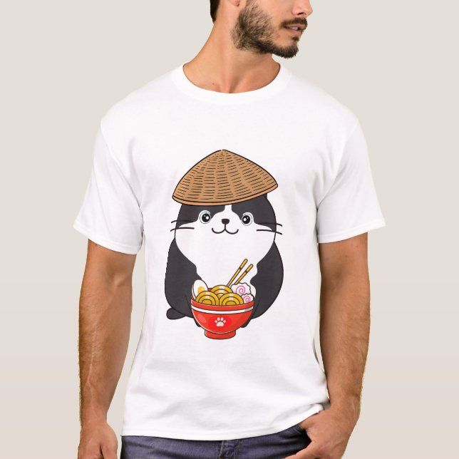 Funny fat cat is eating noodles T-Shirt (Front)