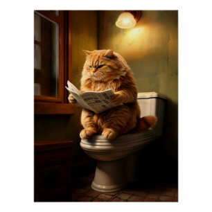 Funny Fat Cat Reading Newspaper on Toilet Poster