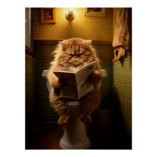 Funny Fat Cat Reading Newspaper on Toilet Poster
