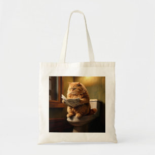 Funny Fat Cat Reading Newspaper on Toilet Tote Bag