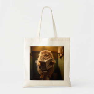 Funny Fat Cat Reading Newspaper on Toilet Tote Bag
