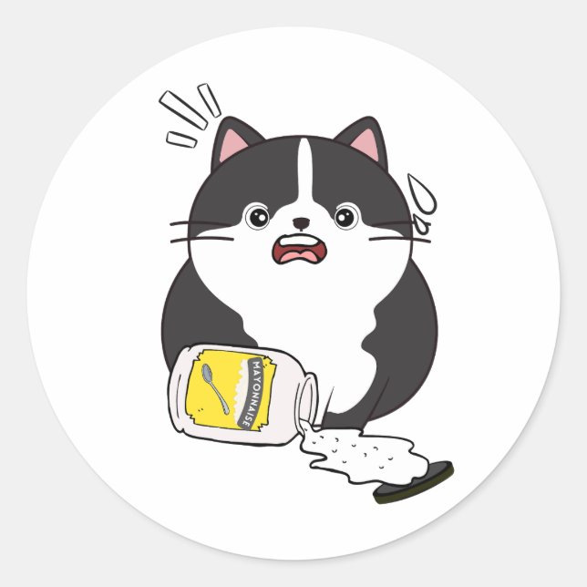 Funny Fat Cat spilled mayonnaise Classic Round Sticker (Front)