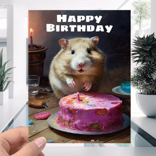 Funny Fat Hamster and Candle Cake - Happy Birthday Card