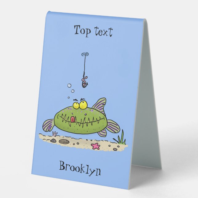 Funny fat hungry green fish fishing cartoon (Front)