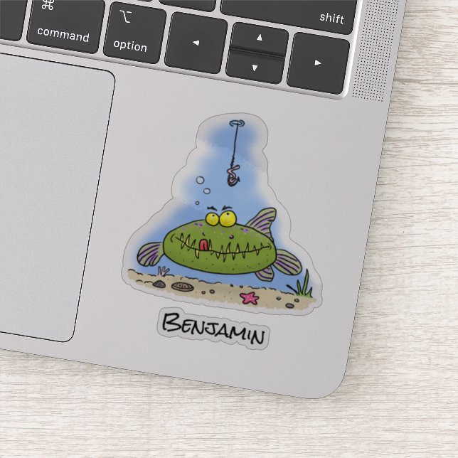 Funny fat hungry green fish fishing cartoon (Detail)