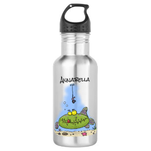Funny fat hungry green fish fishing cartoon 532 ml water bottle