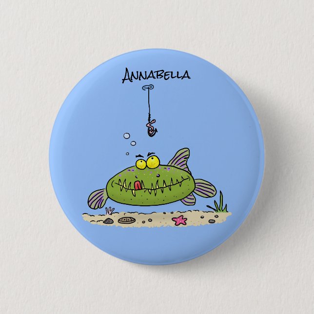 Funny fat hungry green fish fishing cartoon 6 cm round badge (Front)