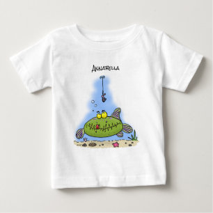 Funny fat hungry green fish fishing cartoon baby T-Shirt