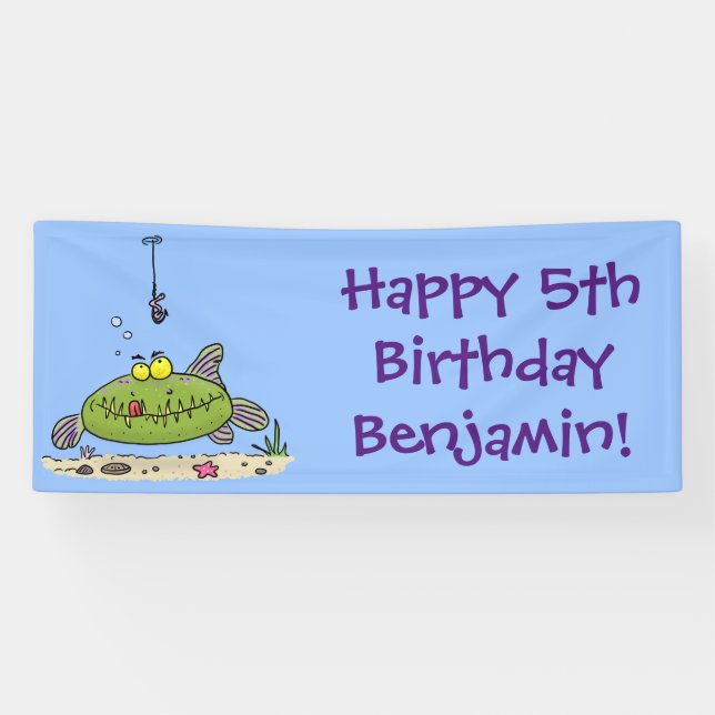 Funny fat hungry green fish fishing cartoon banner (Horizontal)