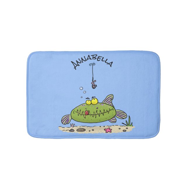 Funny fat hungry green fish fishing cartoon bath mat (Front)