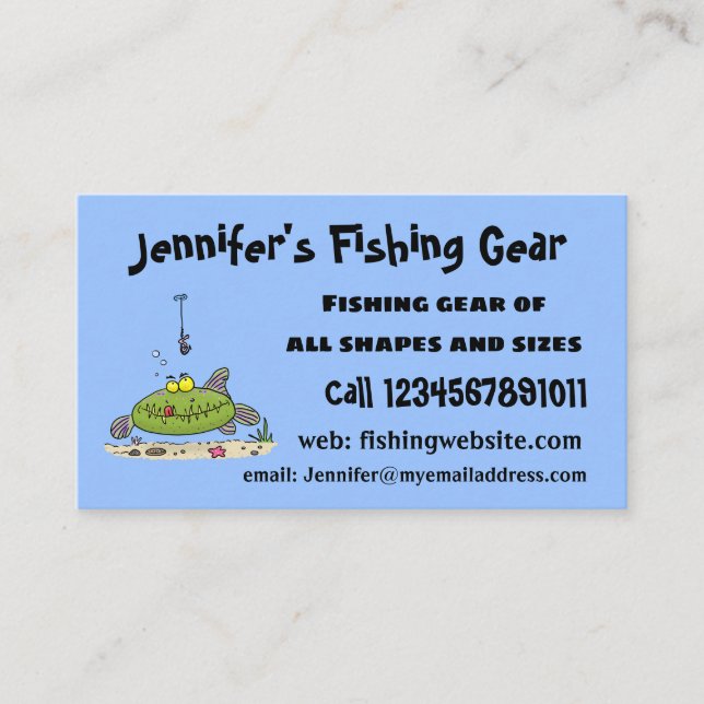 Funny fat hungry green fish fishing cartoon business card (Front)