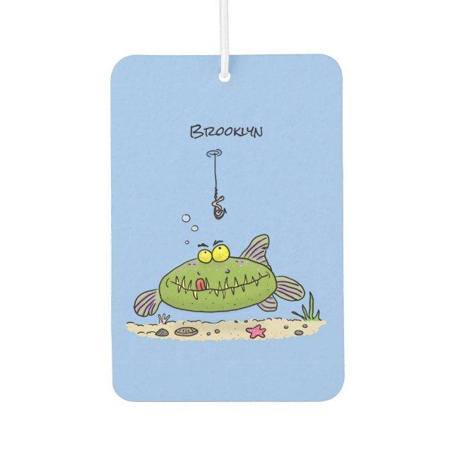 Funny fat hungry green fish fishing cartoon car air freshener (Front)