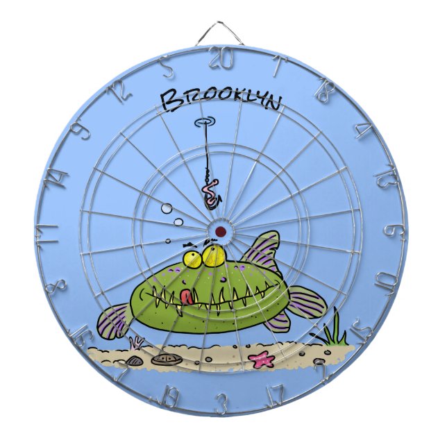 Funny fat hungry green fish fishing cartoon dartboard (Front)