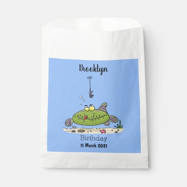 Funny fat hungry green fish fishing cartoon favour bags (Front)