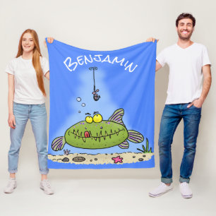 Funny fat hungry green fish fishing cartoon fleece blanket