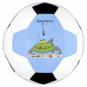Funny fat hungry green fish fishing cartoon football