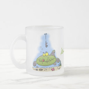 Funny fat hungry green fish fishing cartoon frosted glass coffee mug