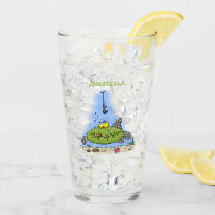 Funny fat hungry green fish fishing cartoon glass