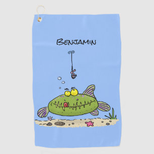 Funny fat hungry green fish fishing cartoon golf towel