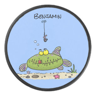 Funny fat hungry green fish fishing cartoon hockey puck