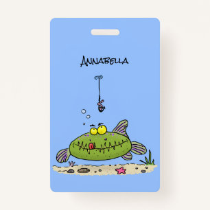 Funny fat hungry green fish fishing cartoon ID badge