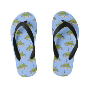 Funny fat hungry green fish fishing cartoon kid's flip flops