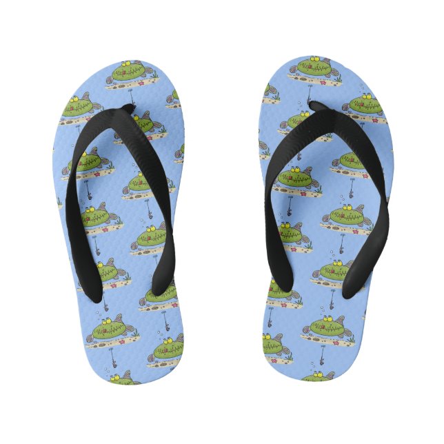 Funny fat hungry green fish fishing cartoon kid's flip flops (Footbed)
