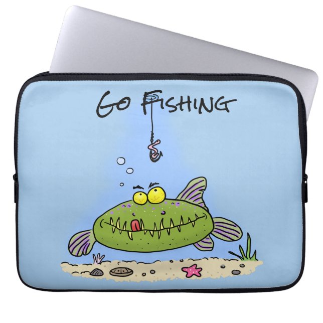 Funny fat hungry green fish fishing cartoon laptop sleeve (Front)
