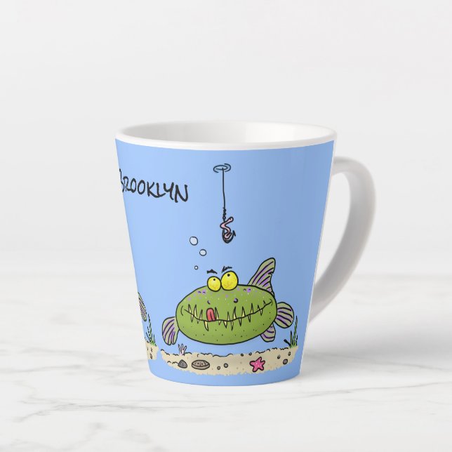 Funny fat hungry green fish fishing cartoon latte mug (Right Angle)