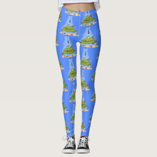 Funny fat hungry green fish fishing cartoon leggings