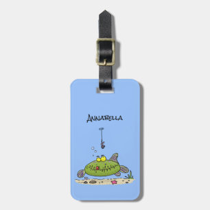 Funny fat hungry green fish fishing cartoon luggage tag