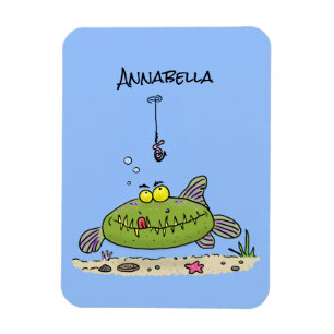 Funny fat hungry green fish fishing cartoon magnet