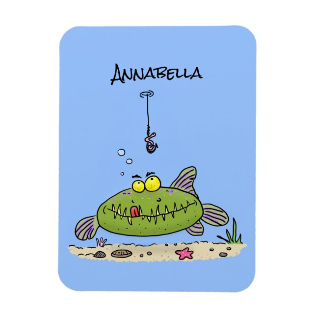 Funny fat hungry green fish fishing cartoon magnet (Vertical)