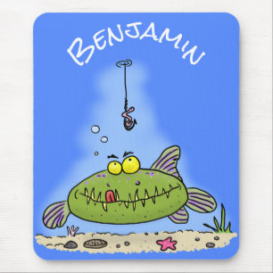 Funny fat hungry green fish fishing cartoon mouse mat