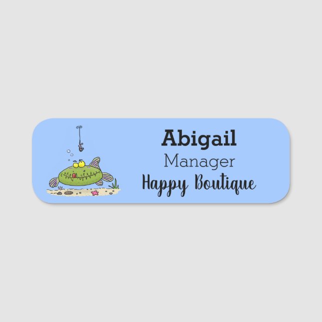 Funny fat hungry green fish fishing cartoon name tag (Front)